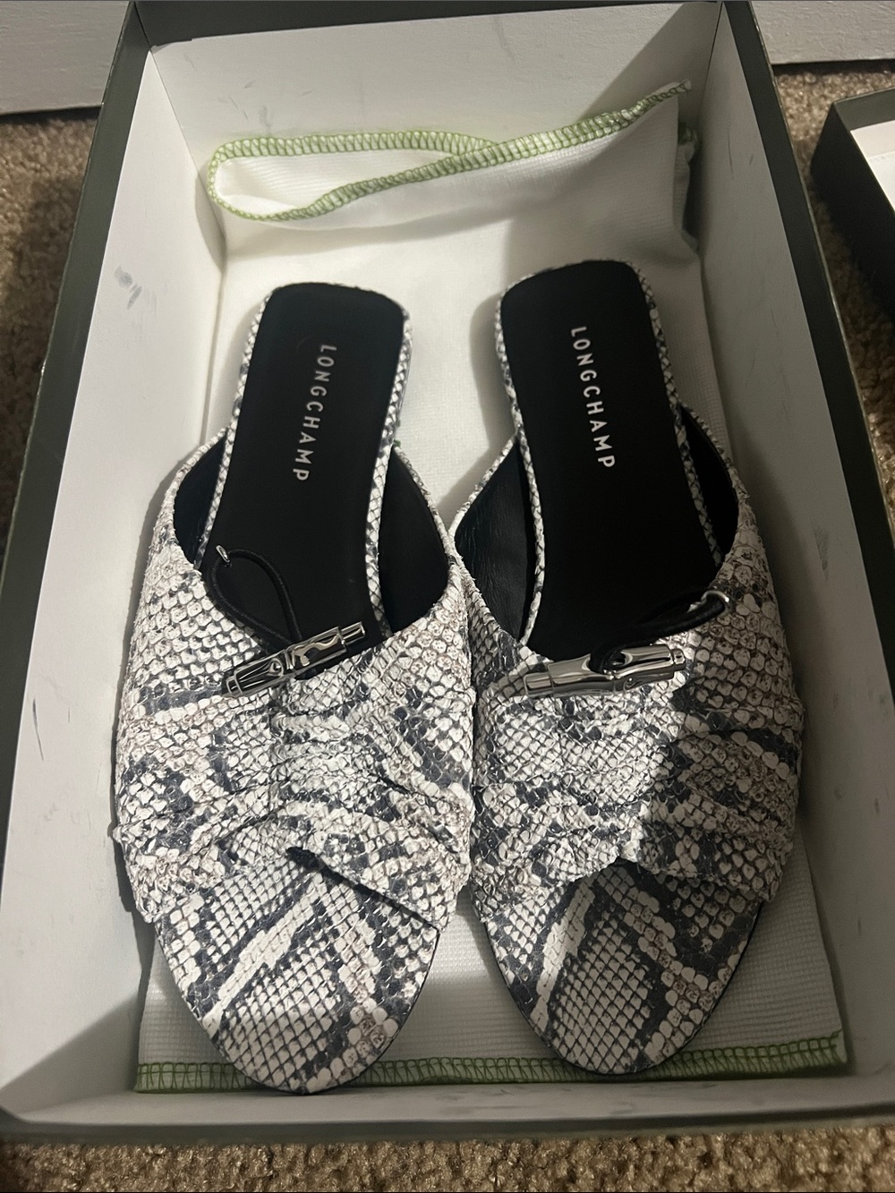 New never worn, Longchamp Women's Black and White Snake-Effect Slip-On Mules